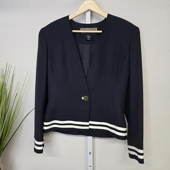 Linda Allard Ellen Tracy Navy Blue Striped Trim Collarless Blazer Jacket Size 8 - Picture 1 of 5
